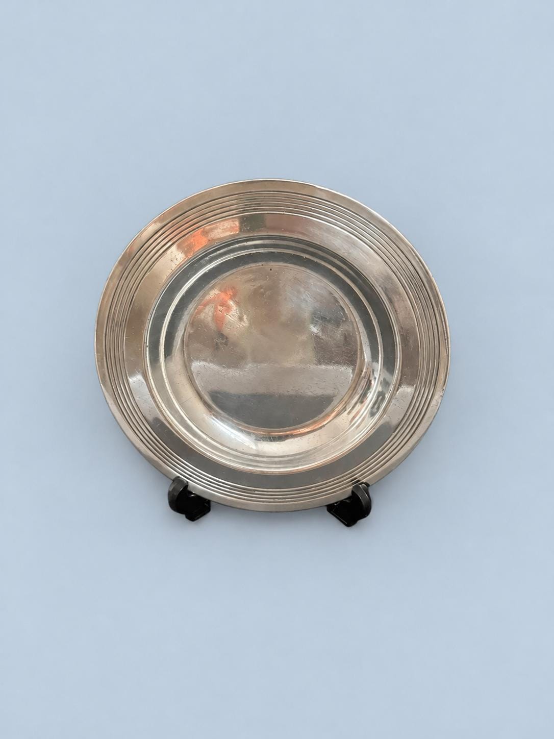 Vintage French Art Deco Style Round Dish, c. 1910–1930, Silver-Tone Metal with Stepped Concentric Rim, Trinket, Soap or Bottle Dish