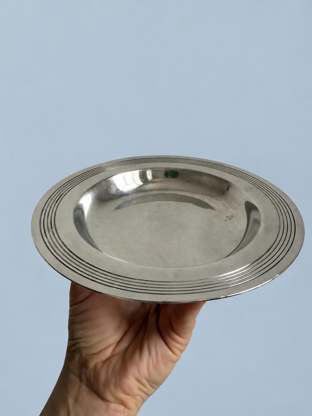 Vintage French Art Deco Style Round Dish, c. 1910–1930, Silver-Tone Metal with Stepped Concentric Rim, Trinket, Soap or Bottle Dish