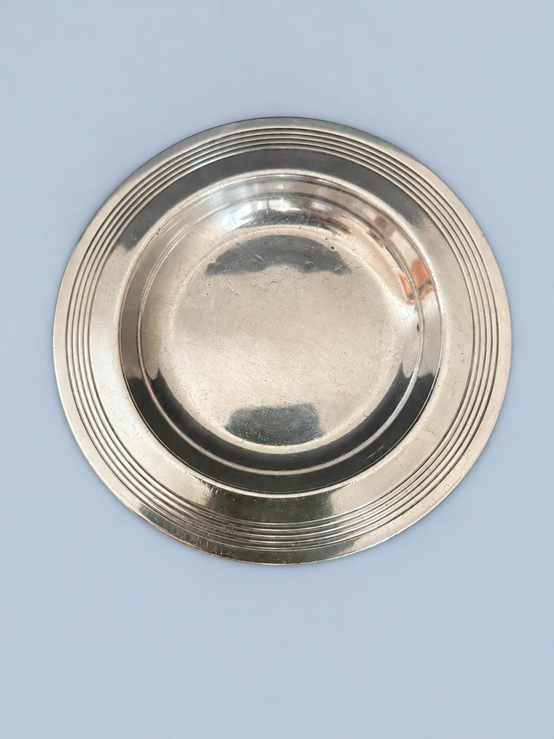 Vintage French Art Deco Style Round Dish, c. 1910–1930, Silver-Tone Metal with Stepped Concentric Rim, Trinket, Soap or Bottle Dish