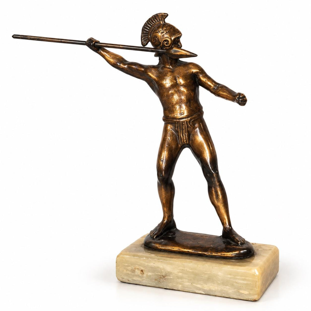 Vintage Copper-Tone Cast Metal Achilles Warrior Statue on Marble Base, Greek Hoplite with Spear and Crested Helmet Sculpture