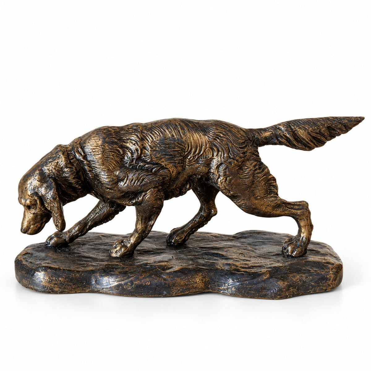 Vintage French Spelter Spaniel Dog Sculpture with Gilt Patina, Hunting Setter on Naturalistic Base, Sporting Dog Mantel Decor