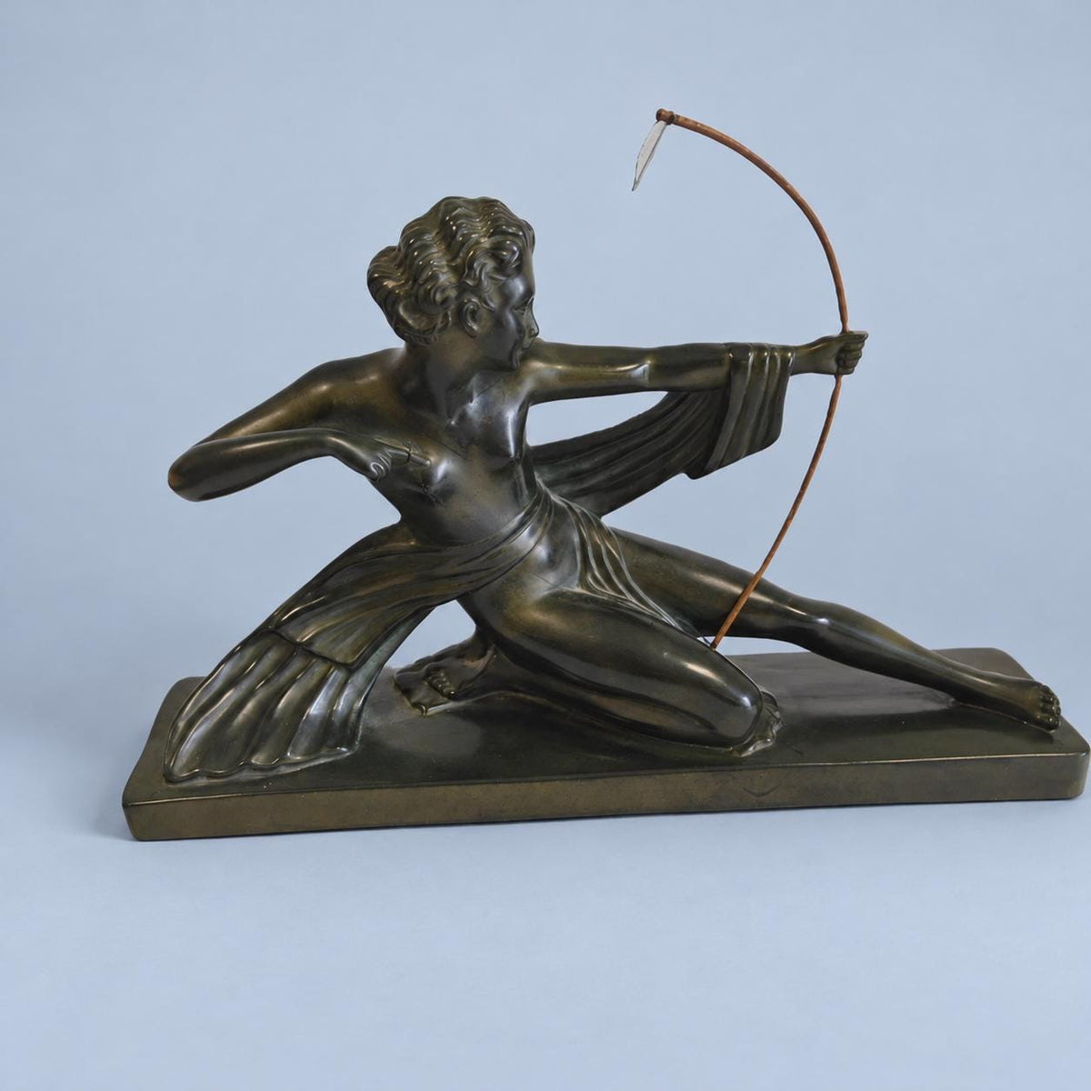 Art Deco Diana the Huntress Statue, Dark Green Patina Kneeling Archer Sculpture, Vintage