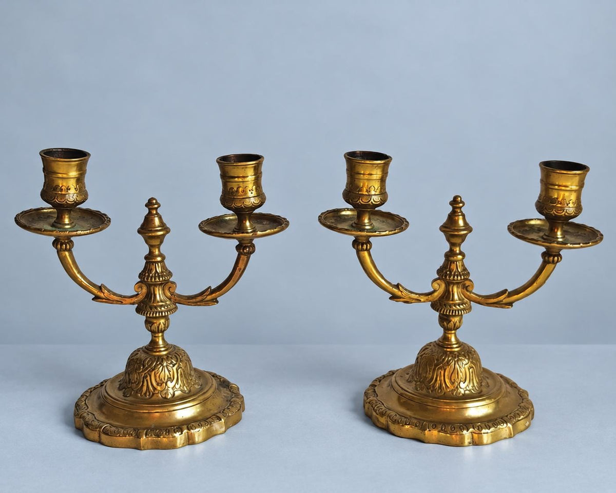 Pair of Vintage Gilt Brass Two-Arm Candelabra with Urn Finial, Louis XV Style Candle Holders on Lobed Bases, Mantel or Table Decor