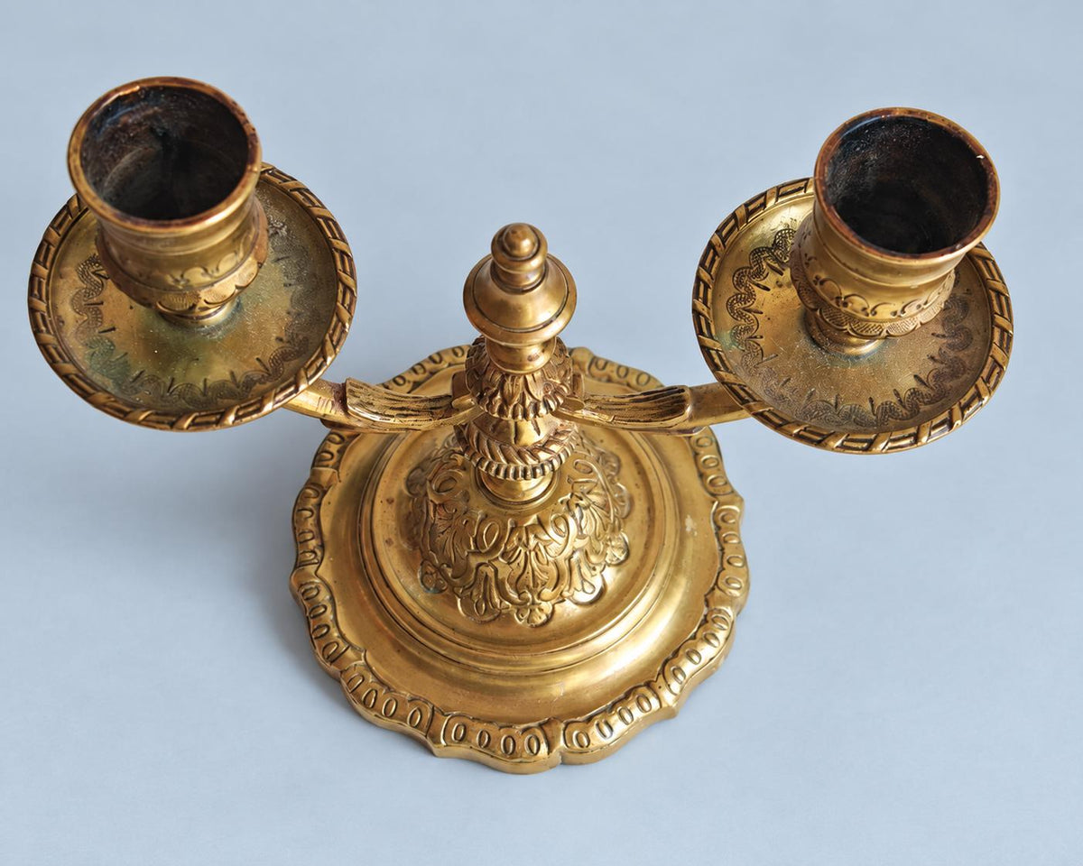 Pair of Vintage Gilt Brass Two-Arm Candelabra with Urn Finial, Louis XV Style Candle Holders on Lobed Bases, Mantel or Table Decor