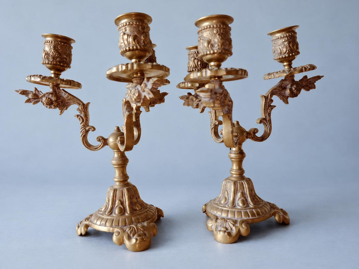 Pair of Vintage Bronze Three-Arm Candelabra, Rococo Style Ornate Candle Holders on Scrolled Feet, Mantel or Dining Table Centrepiece
