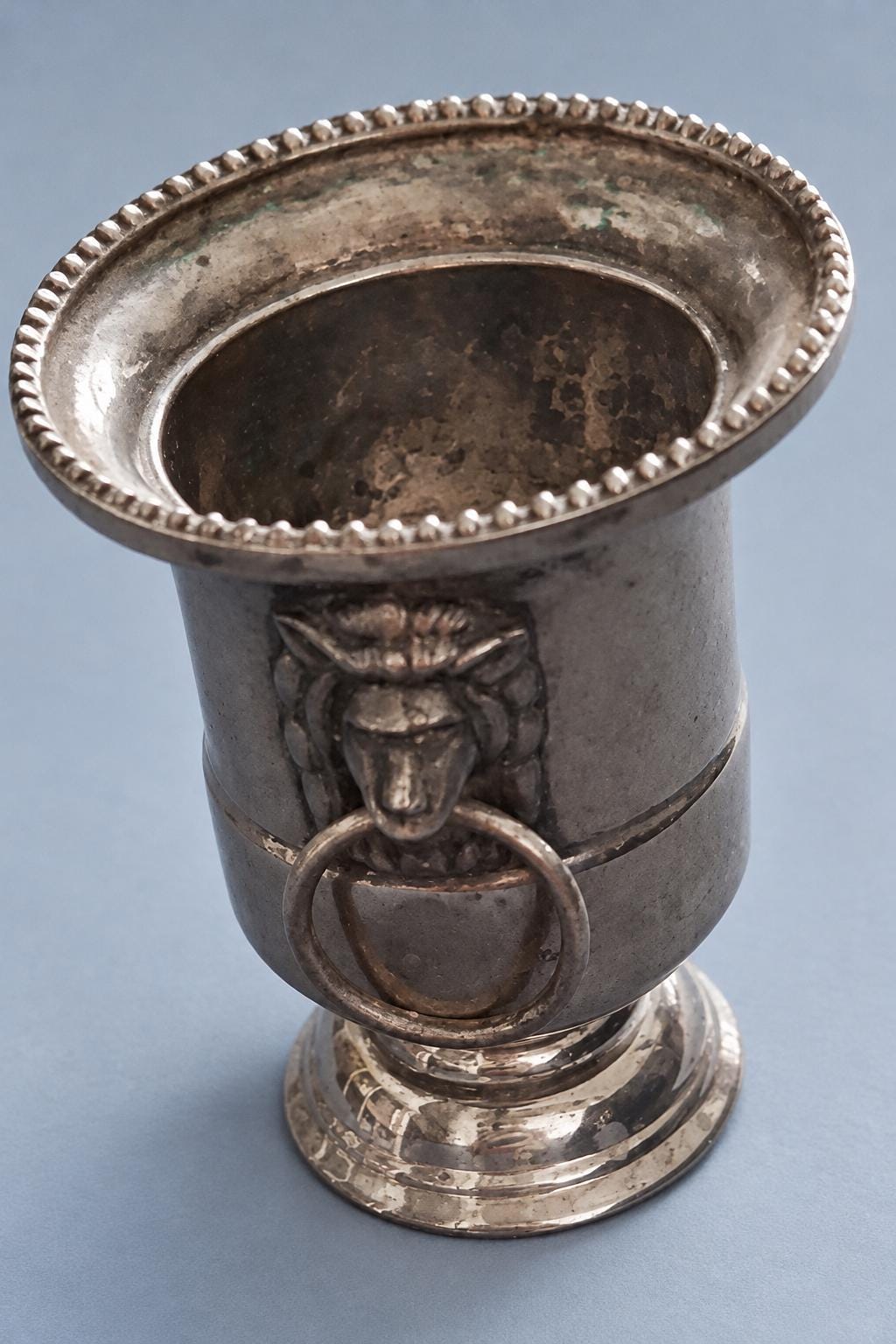 Vintage Silver-Plated Miniature Champagne Bucket with Lion Head Ring Handles, Small Toothpick or Bud Vase Holder, Barware Decor