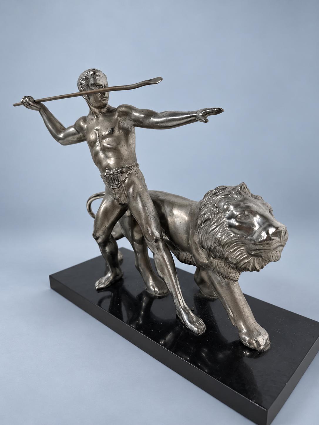Vintage Art Deco Silver-Tone Metal Warrior with Spear and Lion Sculpture on Black Marble Base, Hunter and Lion Statue, Mantel Decor