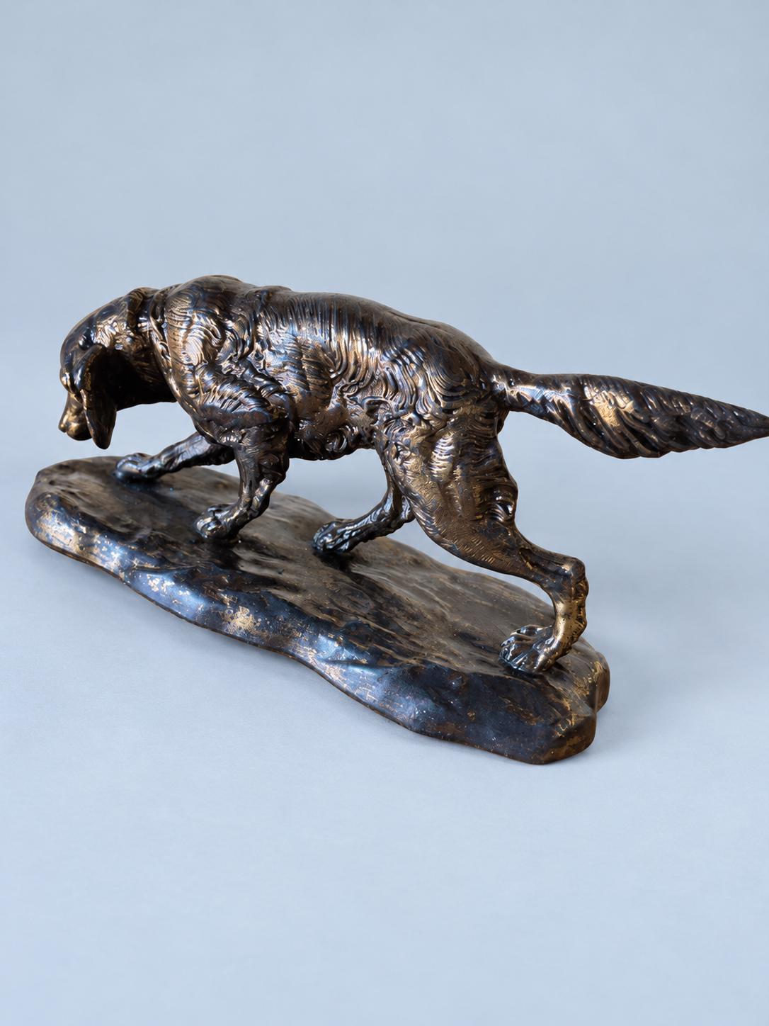 Vintage French Spelter Spaniel Dog Sculpture with Gilt Patina, Hunting Setter on Naturalistic Base, Sporting Dog Mantel Decor