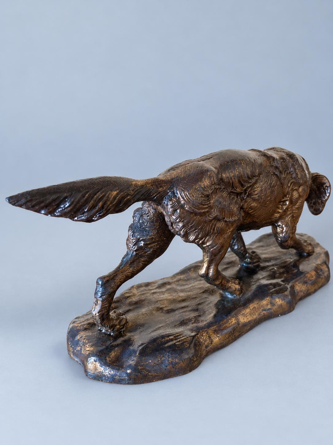 Vintage French Spelter Spaniel Dog Sculpture with Gilt Patina, Hunting Setter on Naturalistic Base, Sporting Dog Mantel Decor