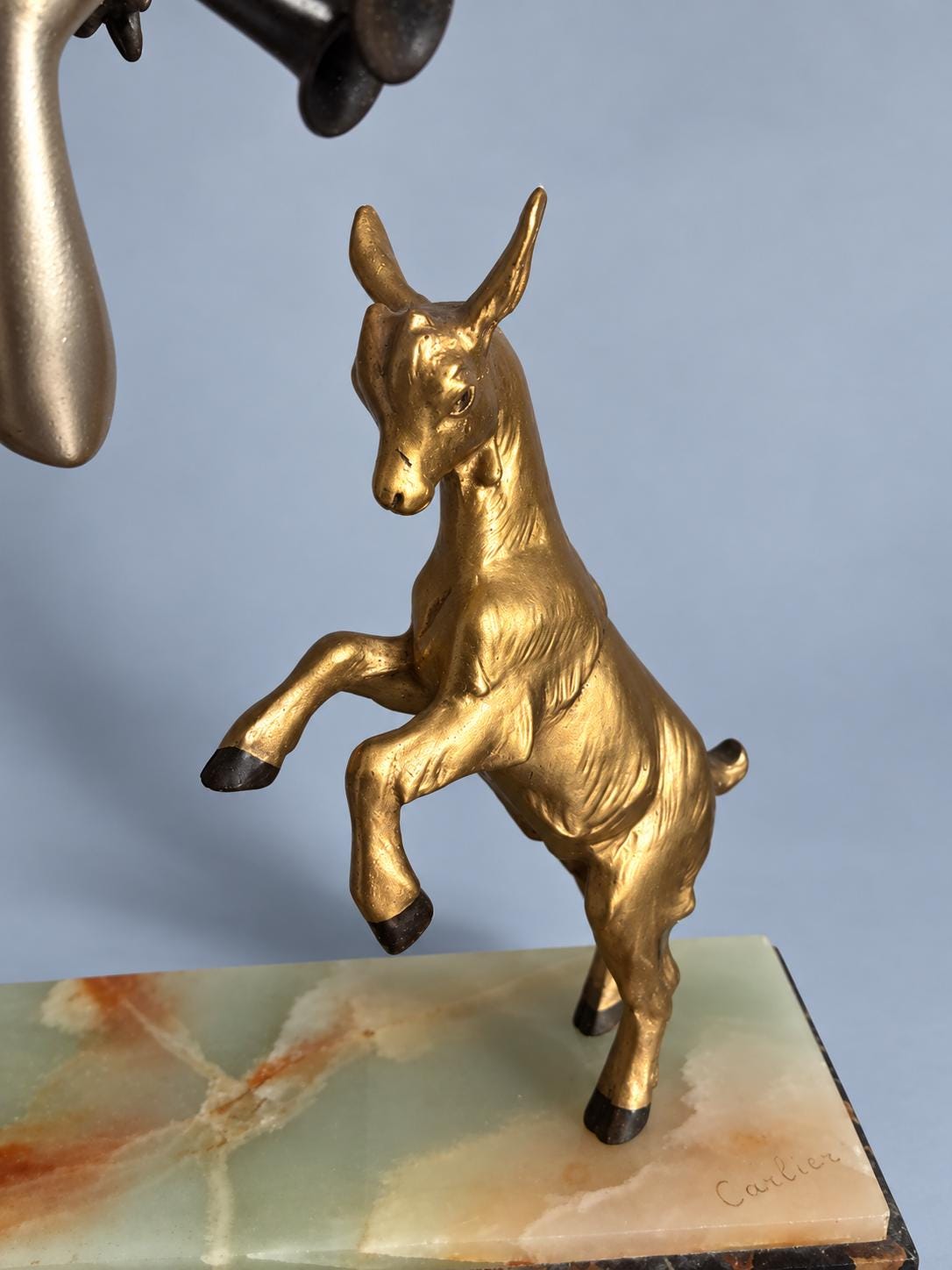 Vintage Art Deco Spelter Sculpture of Pan Playing Pipes with Leaping Goat, Silver and Gold Finish on Onyx and Black Marble Base