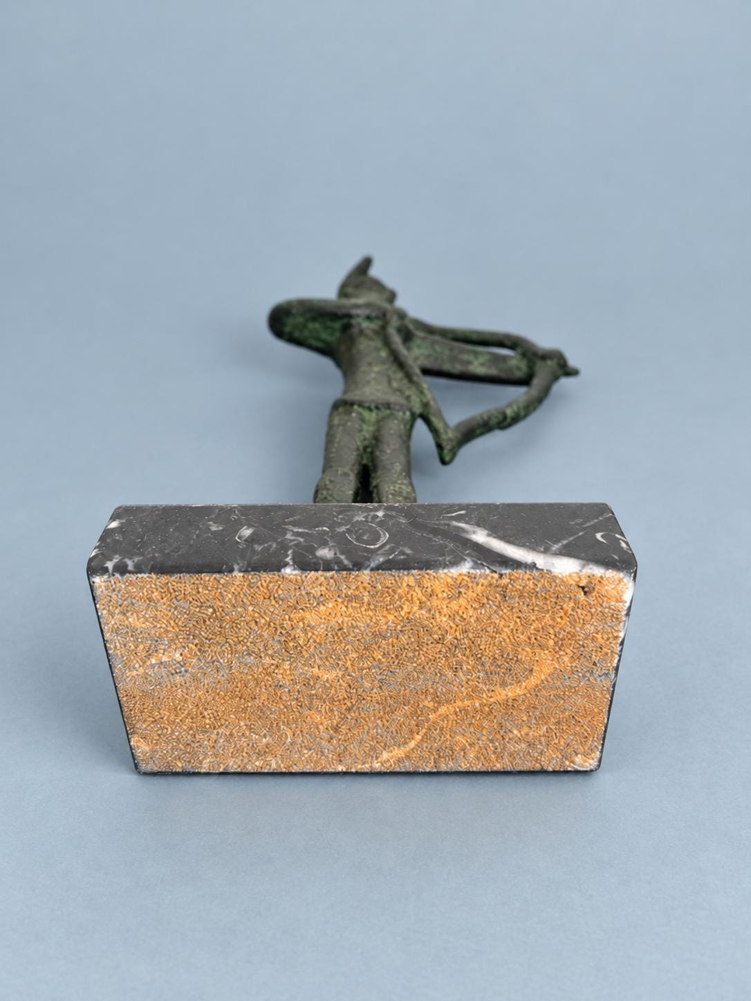 Vintage 1960s–70s Bronze Sardinian Archer Sculpture on Black Marble Base, Nuragic Bronzetto Style Warrior with Bow, Mid-Century Decor
