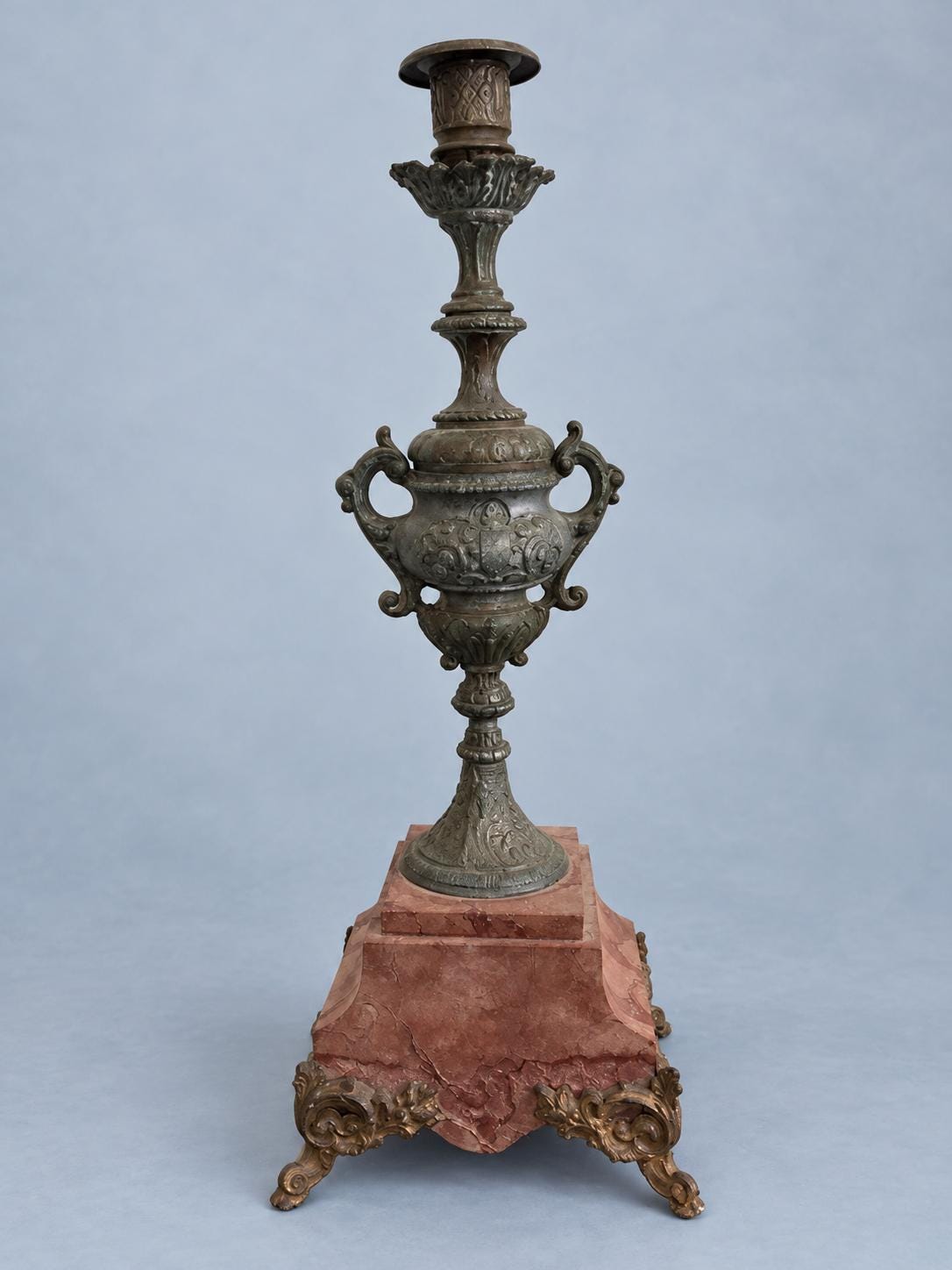 Vintage Napoleon III Style Patinated Metal Candlestick on Red Marble Base with Gilt Feet, Twin-Handled Urn Stem, Mantel Garniture
