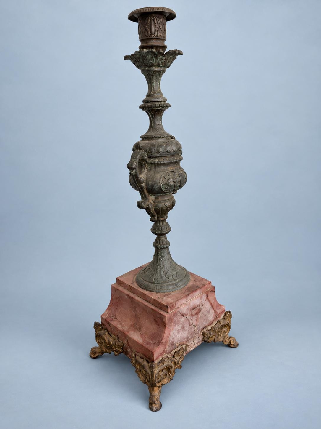Vintage Napoleon III Style Patinated Metal Candlestick on Red Marble Base with Gilt Feet, Twin-Handled Urn Stem, Mantel Garniture