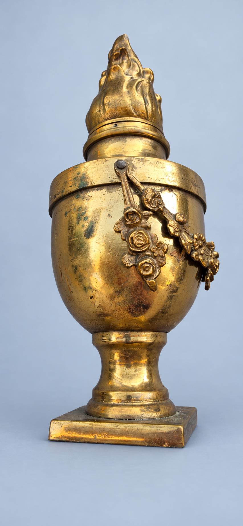 Antique French Louis XVI Style Brass Cassolette Urn with Flame Finial and Rose Garland, Neoclassical Mantel Ornament, Circa 1880–1920