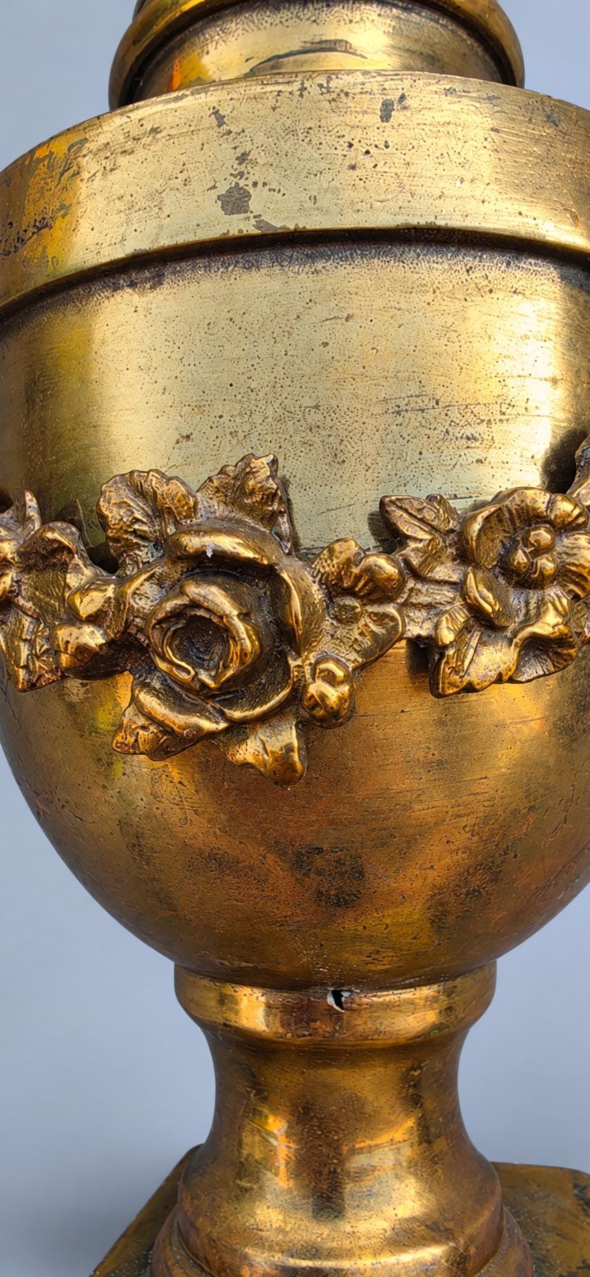 Antique French Louis XVI Style Brass Cassolette Urn with Flame Finial and Rose Garland, Neoclassical Mantel Ornament, Circa 1880–1920