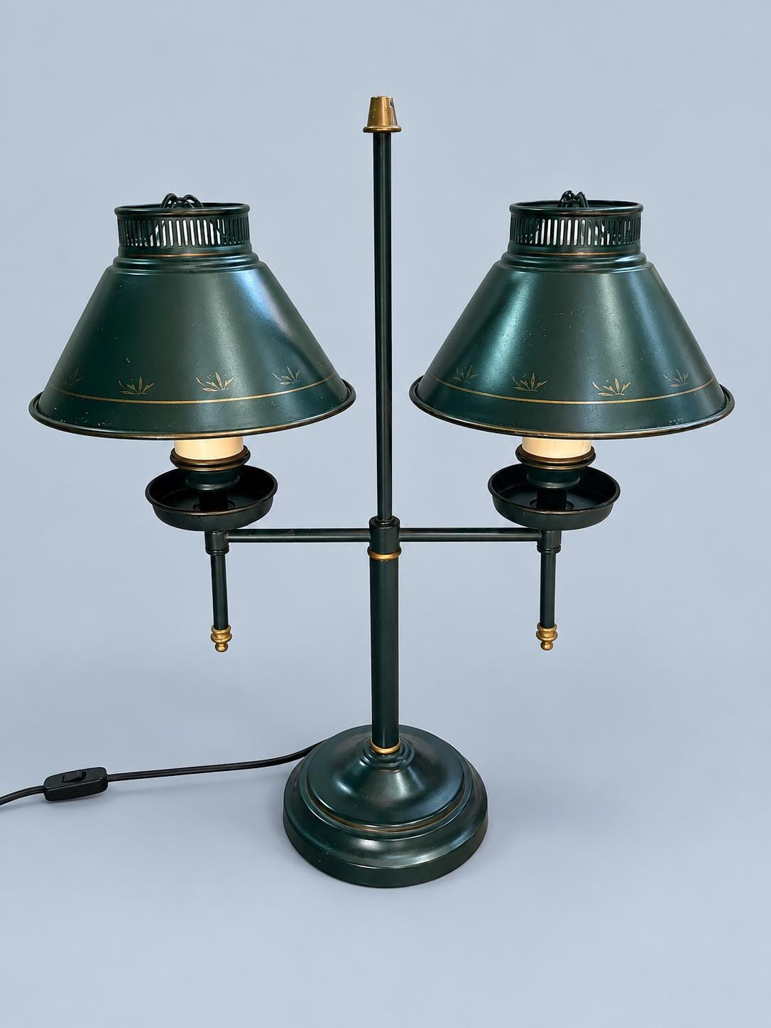Vintage French Country Green Tole Double Table Lamp, Bouillotte Style Two-Arm Desk Lamp with Metal Shades, Library or Reading Light