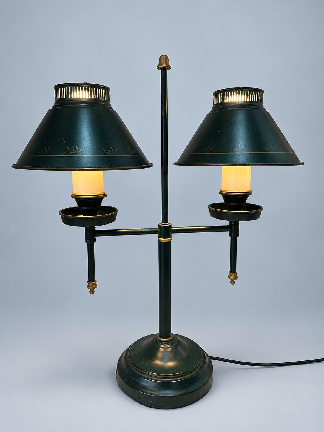 Vintage French Country Green Tole Double Table Lamp, Bouillotte Style Two-Arm Desk Lamp with Metal Shades, Library or Reading Light