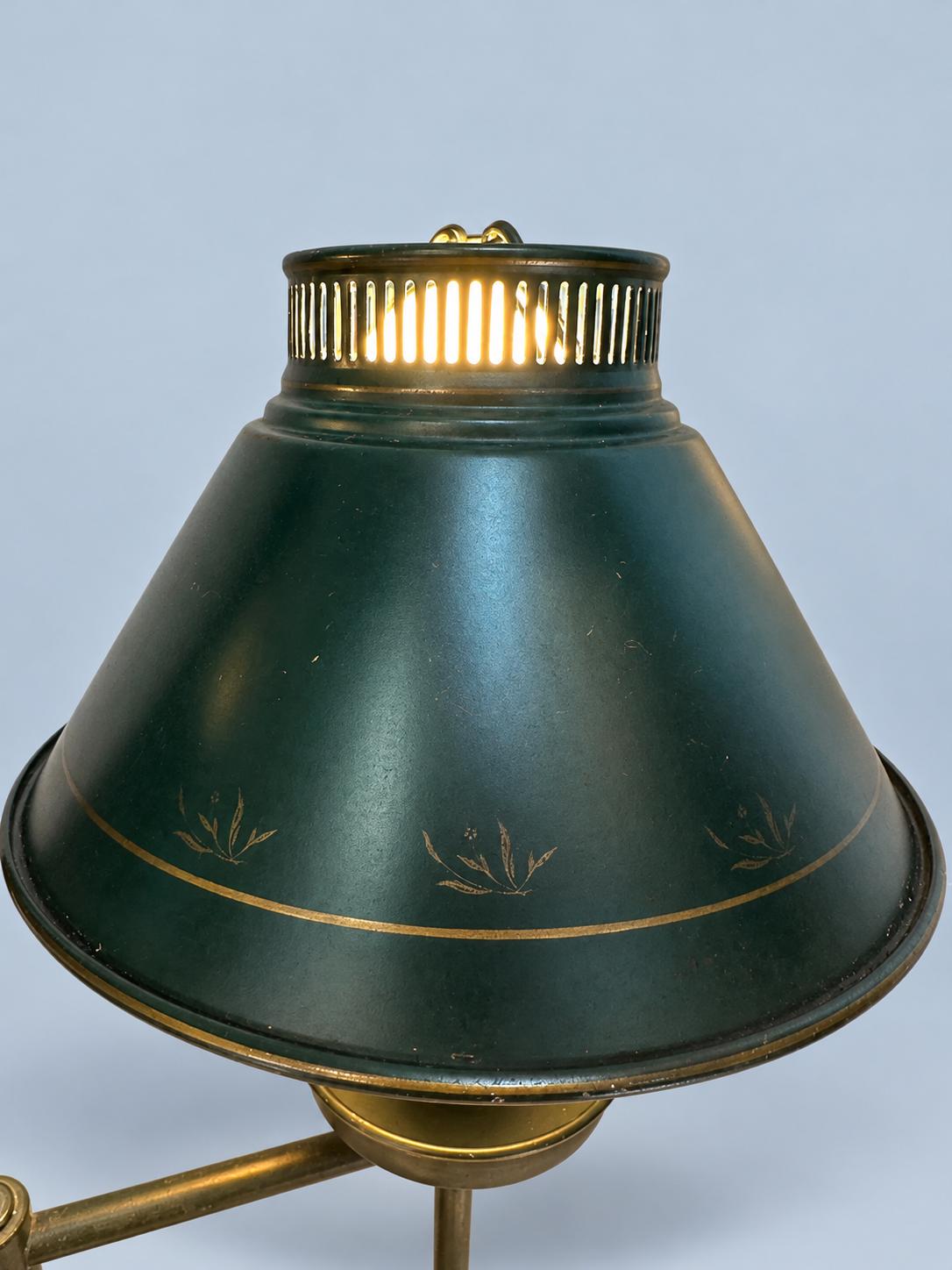 Vintage French Country Green Tole Double Table Lamp, Bouillotte Style Two-Arm Desk Lamp with Metal Shades, Library or Reading Light