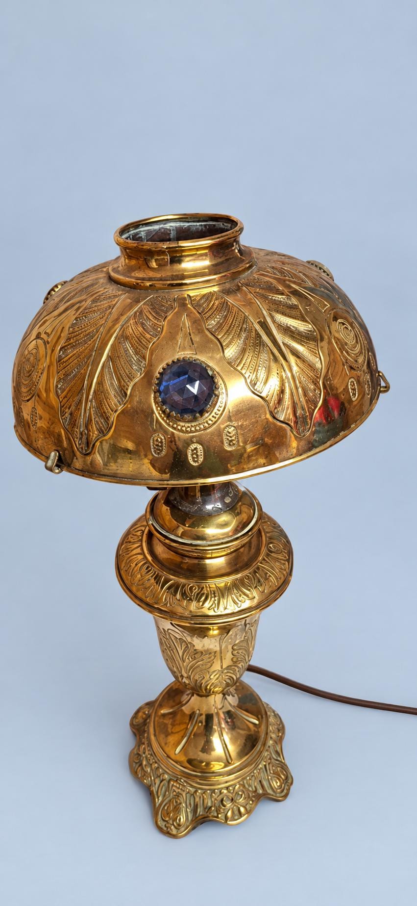 Vintage Art Nouveau Style Brass Table Lamp with Embossed Brass Shade and Coloured Glass Cabochons, Oil Lamp Form Desk or Bedside