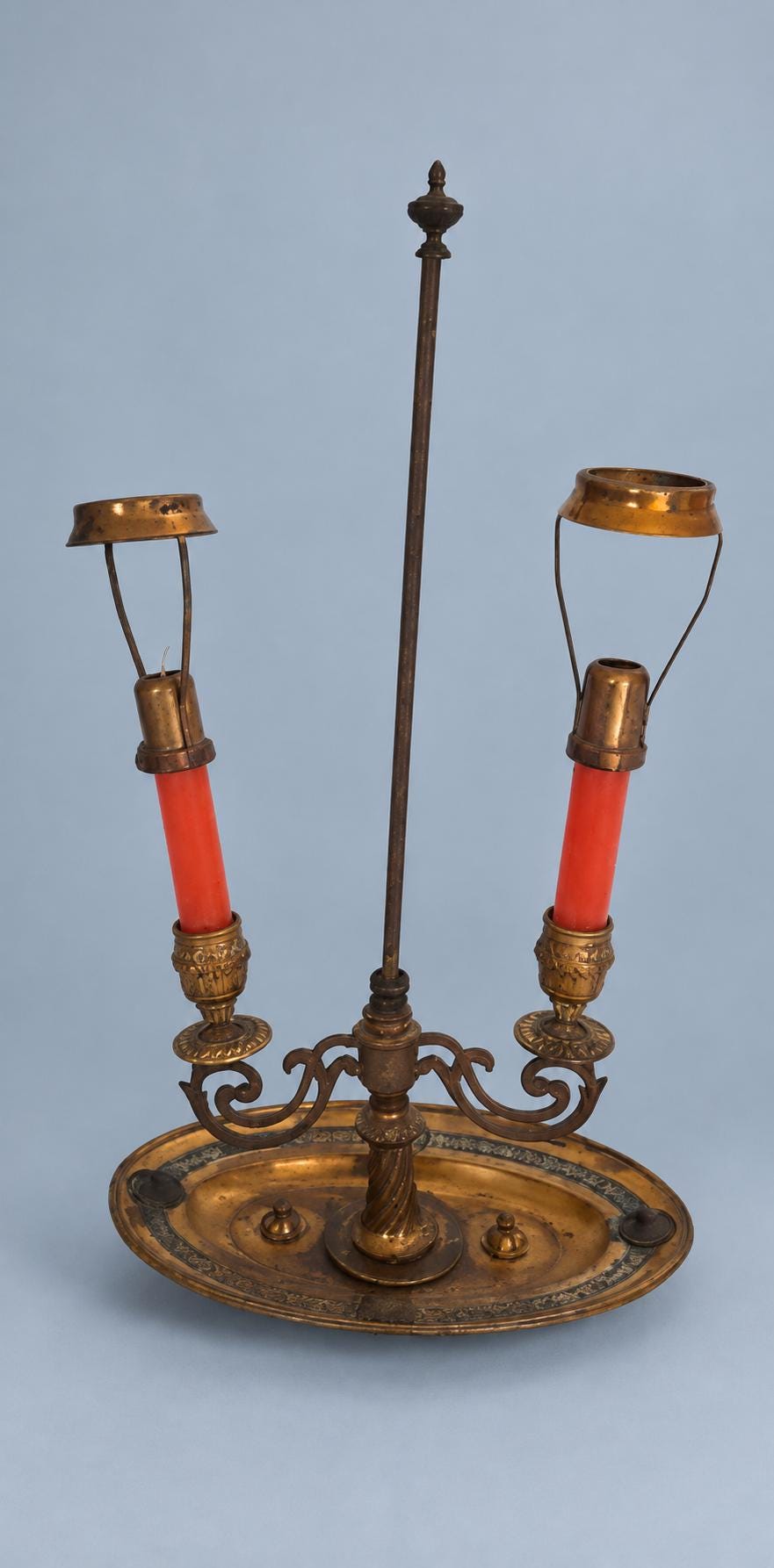 Vintage Bouillotte Style Brass Two-Light Table Lamp with Paper Shades, French Empire Inspired Candle Lamp on Oval Dish Base