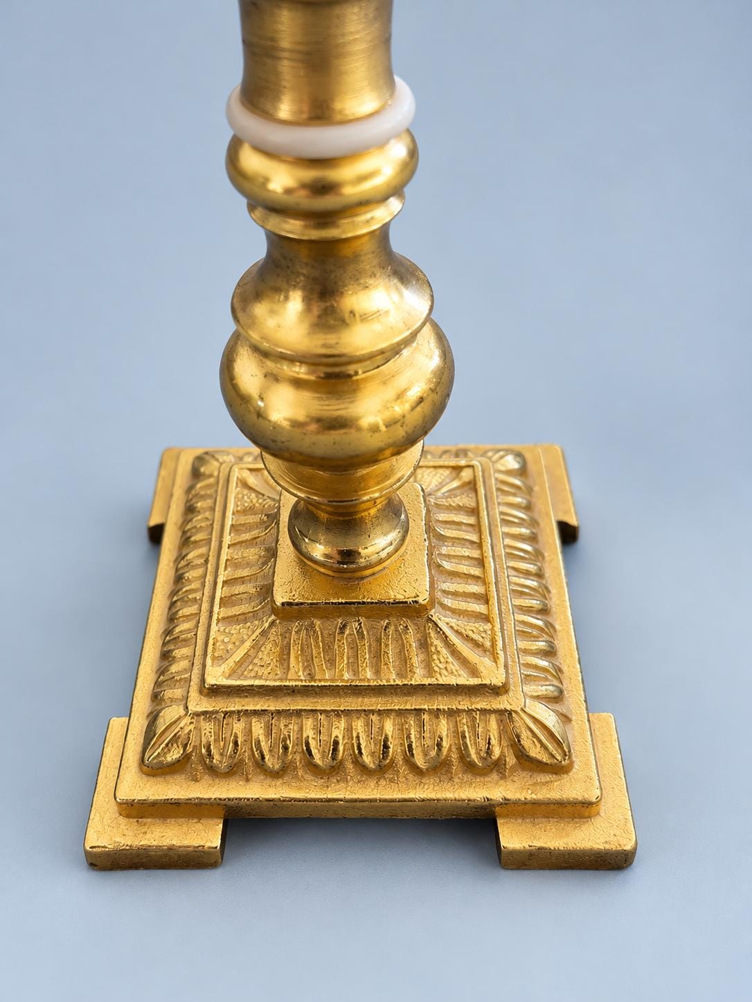 Vintage 24K Gold-Plated Candlestick with Square Acanthus Base, Classic Baluster Taper Holder, Elegant Mantel or Table Decor