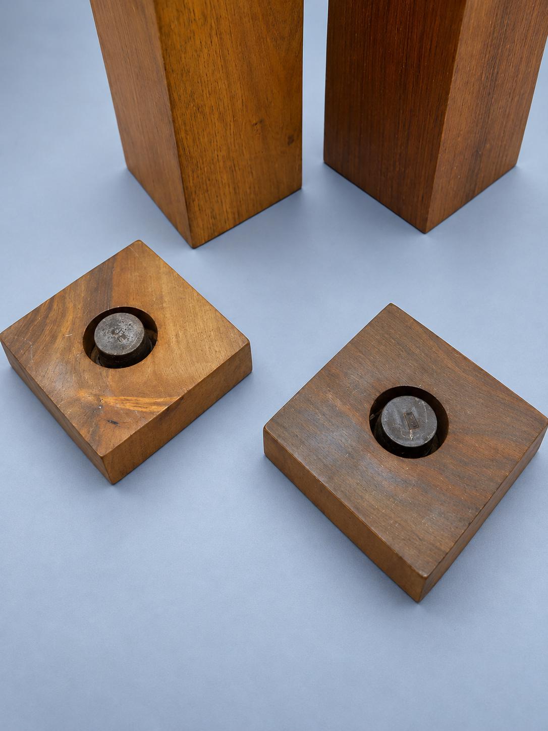 Vintage Pair of Wooden-Bodied Decanters with Glass Pouring Necks and Square Stoppers, Minimalist Barware, Lausanne Inscription, 27 cm