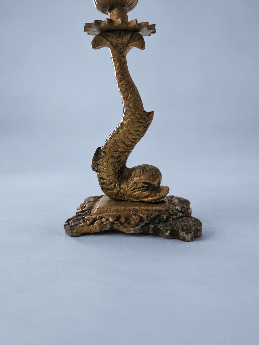 Vintage Metal Dolphin Candlestick, Empire Style Figural Fish Taper Holder with Tulip Cup, Nautical Mantel or Coastal Decor