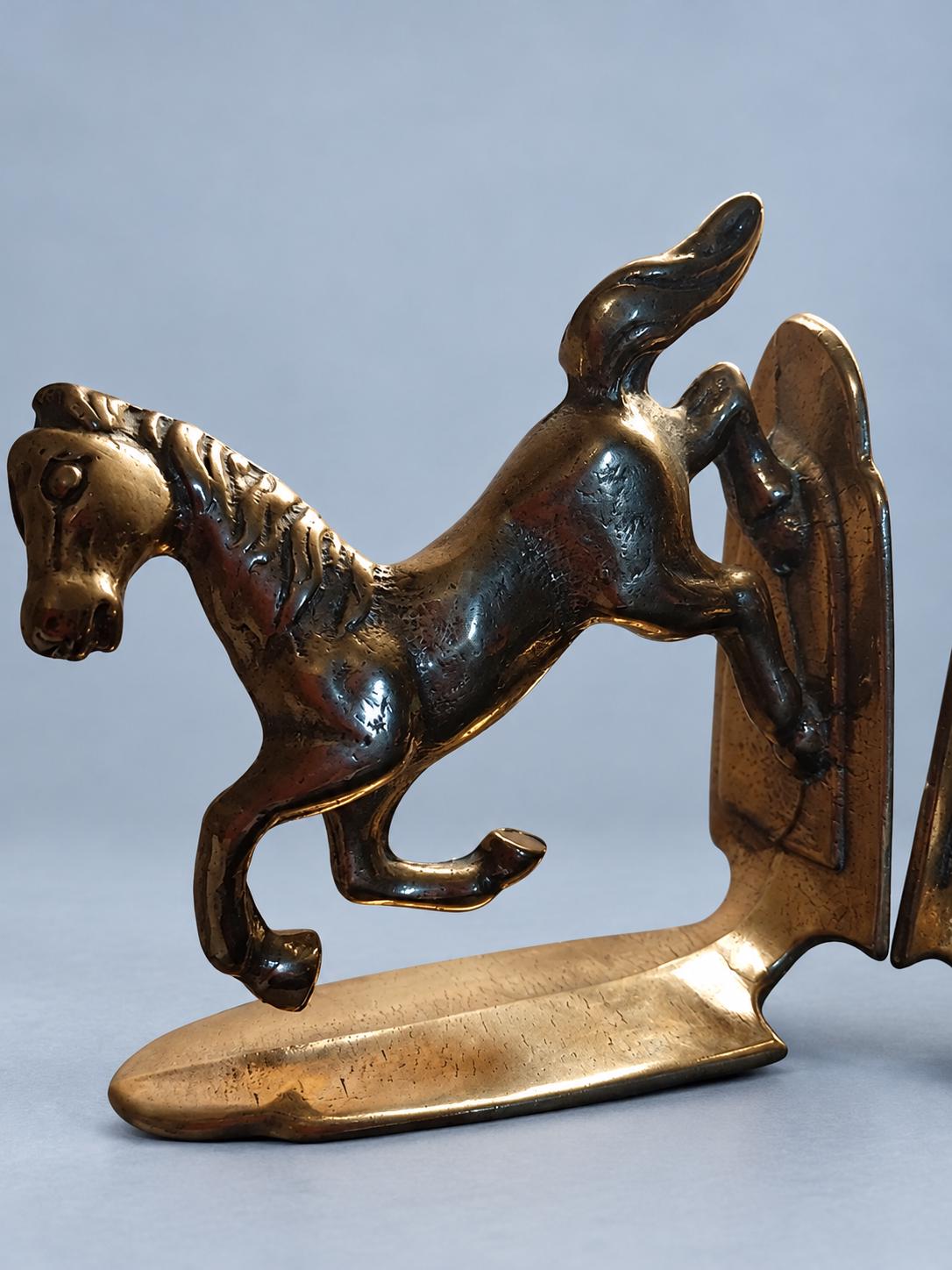 Pair of Vintage Solid Brass Horse Bookends, Leaping Stallion Figural Book Holders, Equestrian Library and Office Shelf Decor