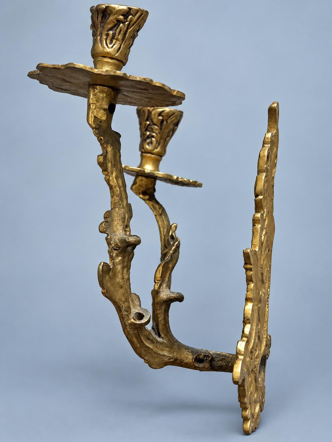 Pair of Vintage Louis XV Style Gold-Tone Metal Two-Arm Candle Wall Sconces, Rococo Scroll and Rosette Design, Old World Decor