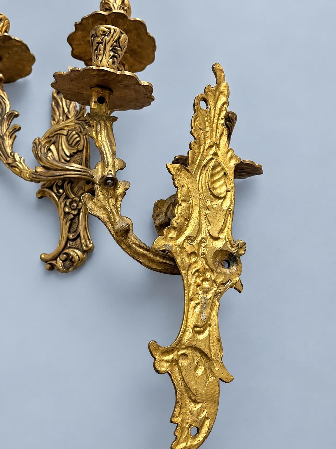 Pair of Vintage Louis XV Style Gold-Tone Metal Two-Arm Candle Wall Sconces, Rococo Scroll and Rosette Design, Old World Decor