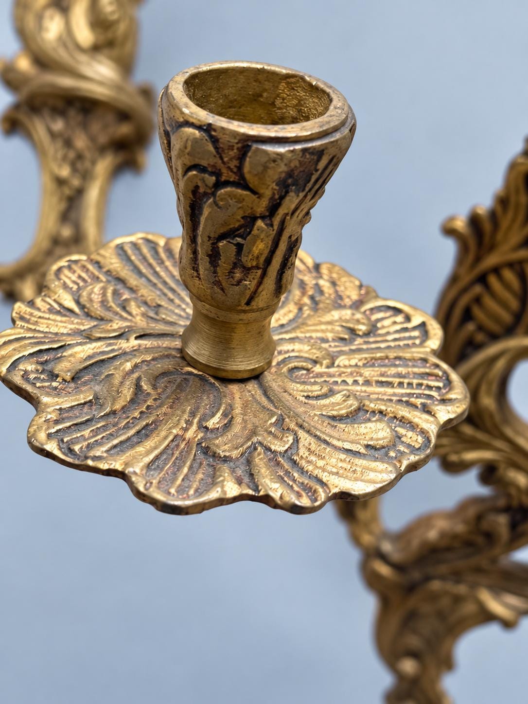 Pair of Vintage Louis XV Style Gold-Tone Metal Two-Arm Candle Wall Sconces, Rococo Scroll and Rosette Design, Old World Decor