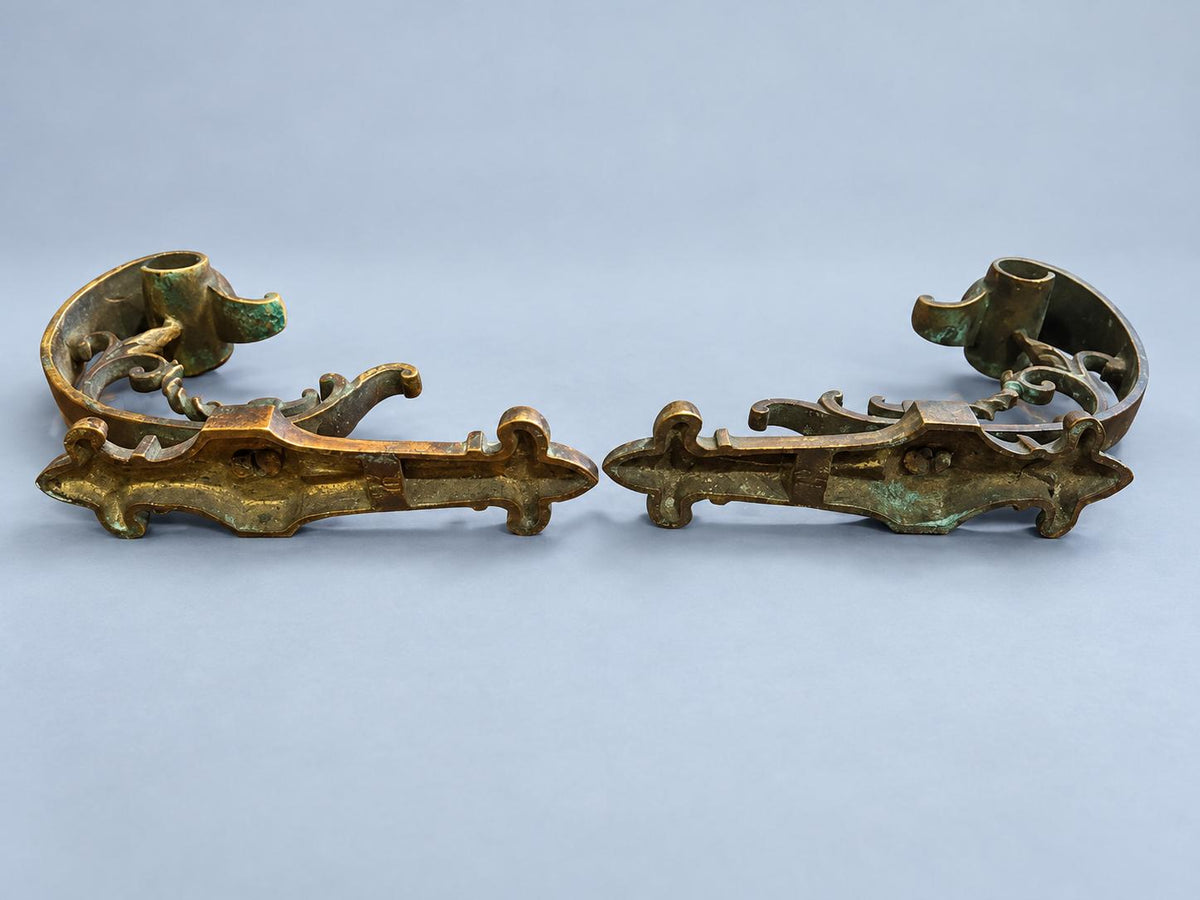 Pair of Vintage Bronze or Brass Curtain Tiebacks with Fleur-de-Lis Crest, Laurel Leaf Holdback Hooks, Classic Drapery Hardware