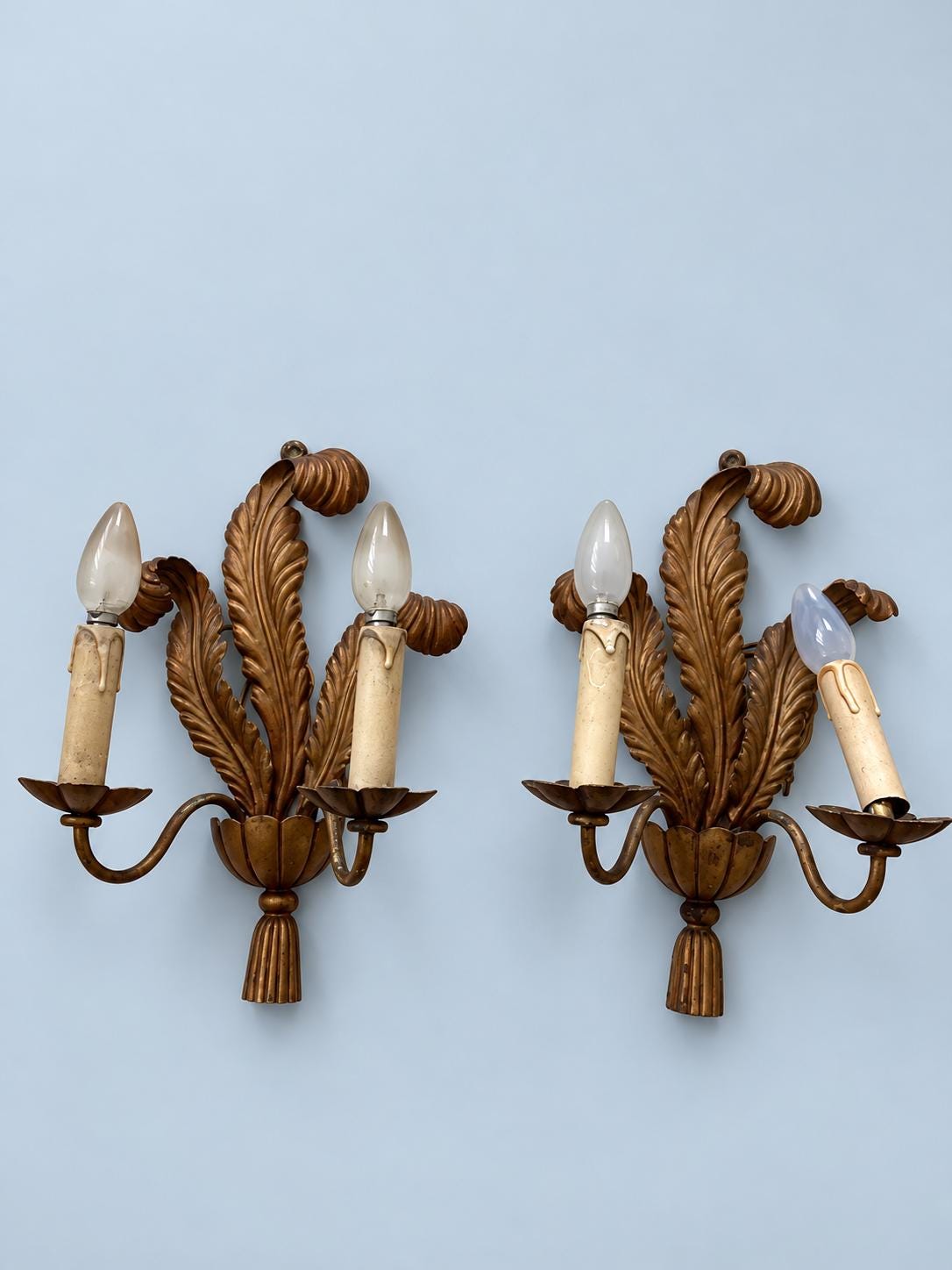 Pair of Vintage 1950s Venetian Style Gilt Metal Wall Sconces, Two-Arm Feather Leaf and Tassel Design, Hollywood Regency Candle Lights