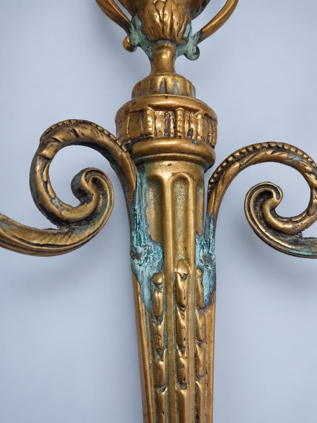 Pair of Vintage Louis XVI Style Bronze Two-Arm Candle Wall Sconces, Neoclassical Urn and Fluted Pilaster Design, Hallway Decor
