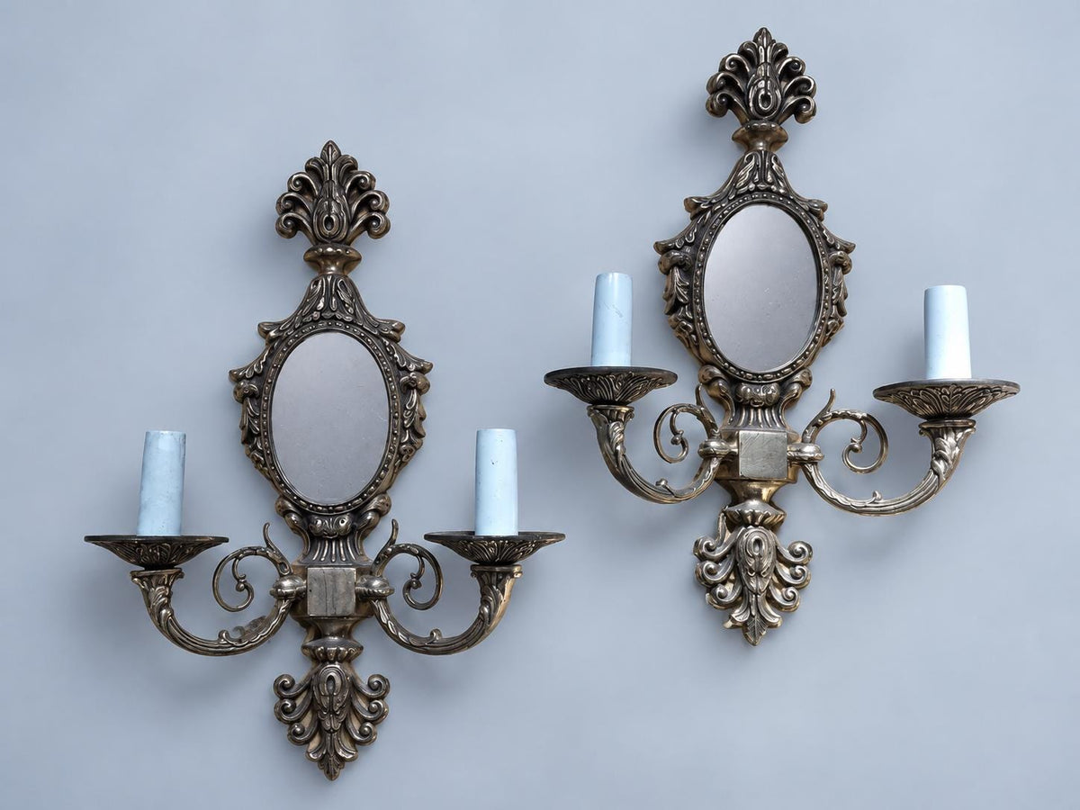 Pair of Vintage Bronze Two-Arm Wall Sconces with Oval Mirrors, Ornate Baroque Style Candle Lights for Hallway, Bedroom or Entryway