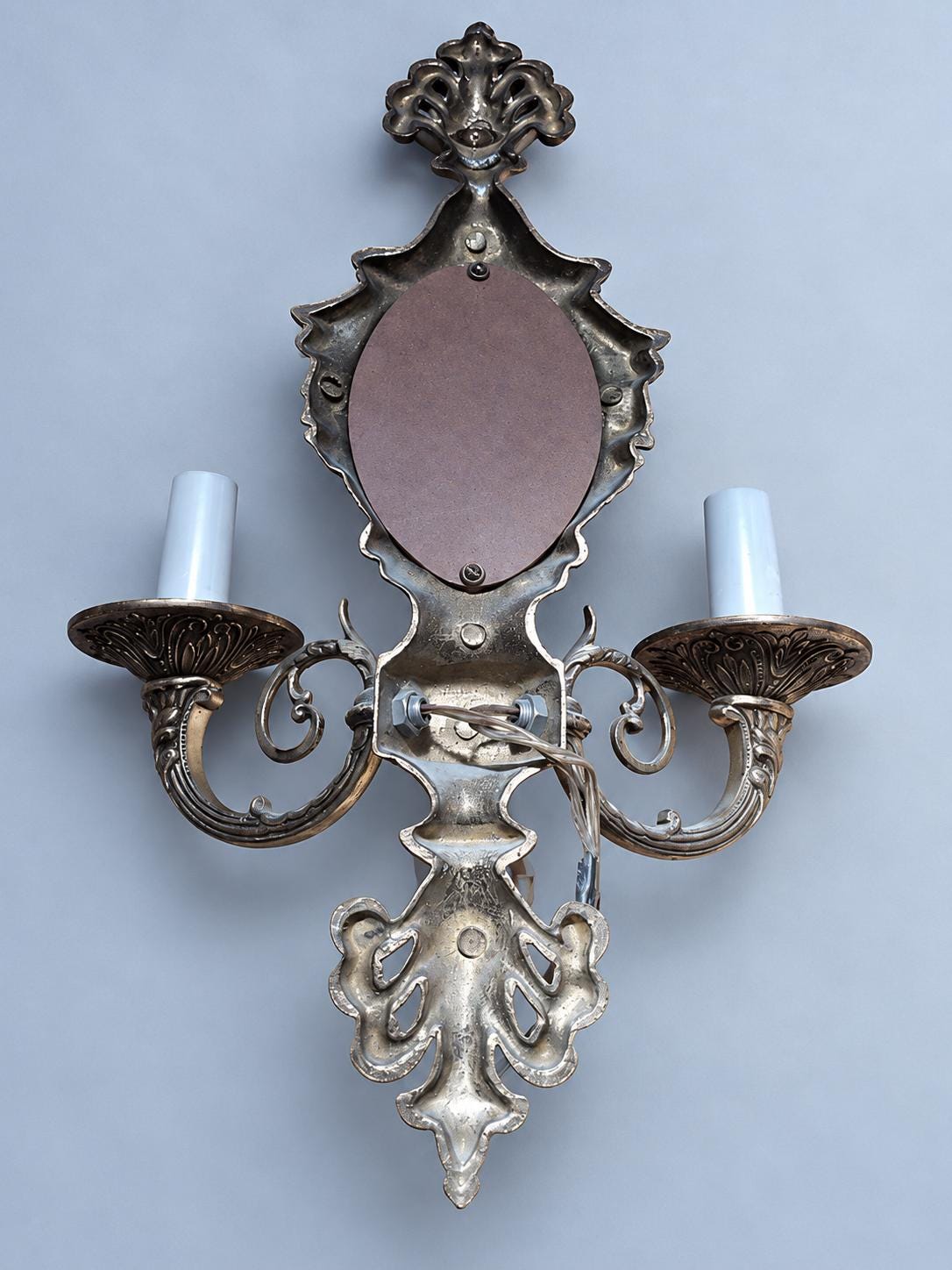 Pair of Vintage Bronze Two-Arm Wall Sconces with Oval Mirrors, Ornate Baroque Style Candle Lights for Hallway, Bedroom or Entryway
