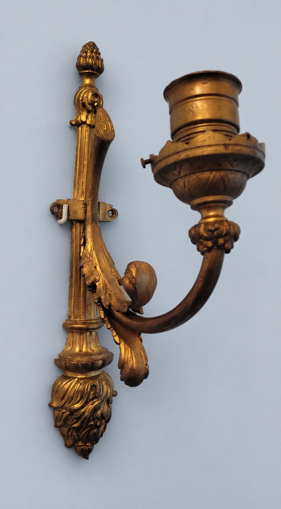 Vintage Pair of Gilt Metal Louis XVI Style Torch Wall Sconces, Single-Light with Laurel Garland and Curved Arm