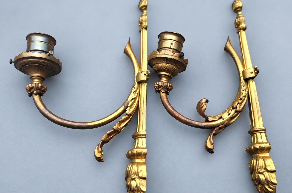 Vintage Pair of Gilt Metal Louis XVI Style Torch Wall Sconces, Single-Light with Laurel Garland and Curved Arm