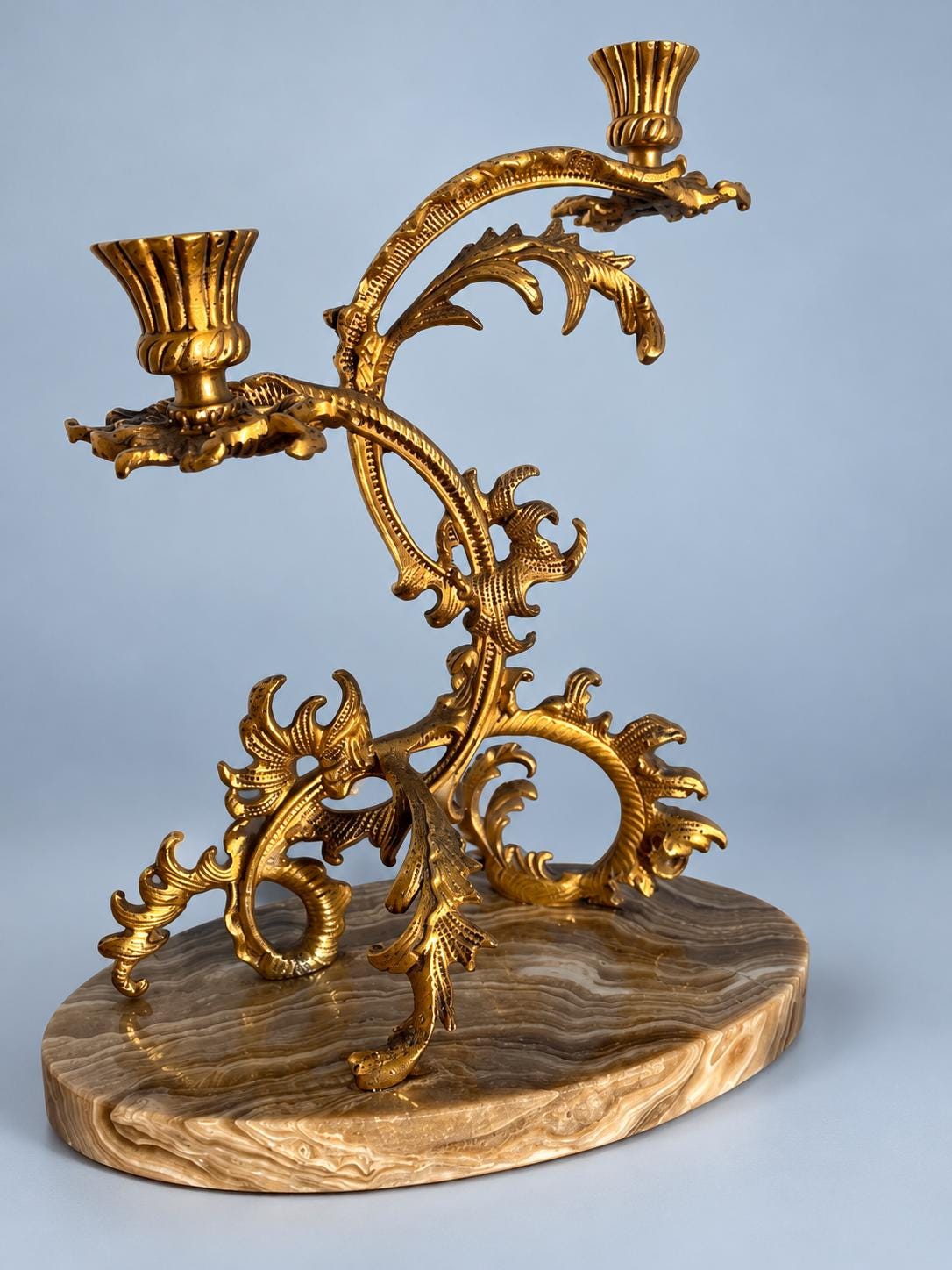 Vintage Pair of Gilt Metal Rococo Two-Light Candelabra on Marble Bases, Mirrored Acanthus Scroll Design