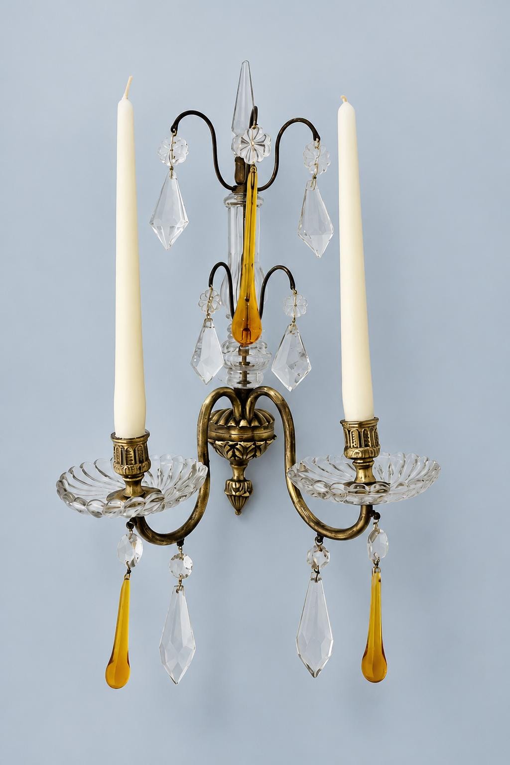 Vintage Neoclassical Brass and Cut Glass Two-Arm Candle Wall Sconce with Amber and Clear Glass Drops