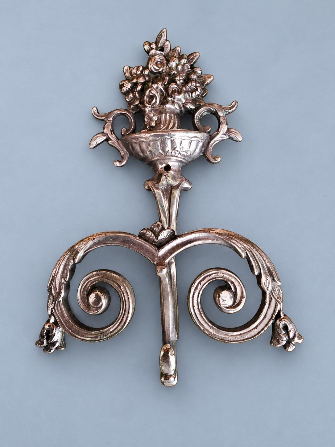 Vintage Silver-Tone Metal Double Coat Hook with Flower Basket Finial, Scrolled Hooks, Ornate Wall Hook