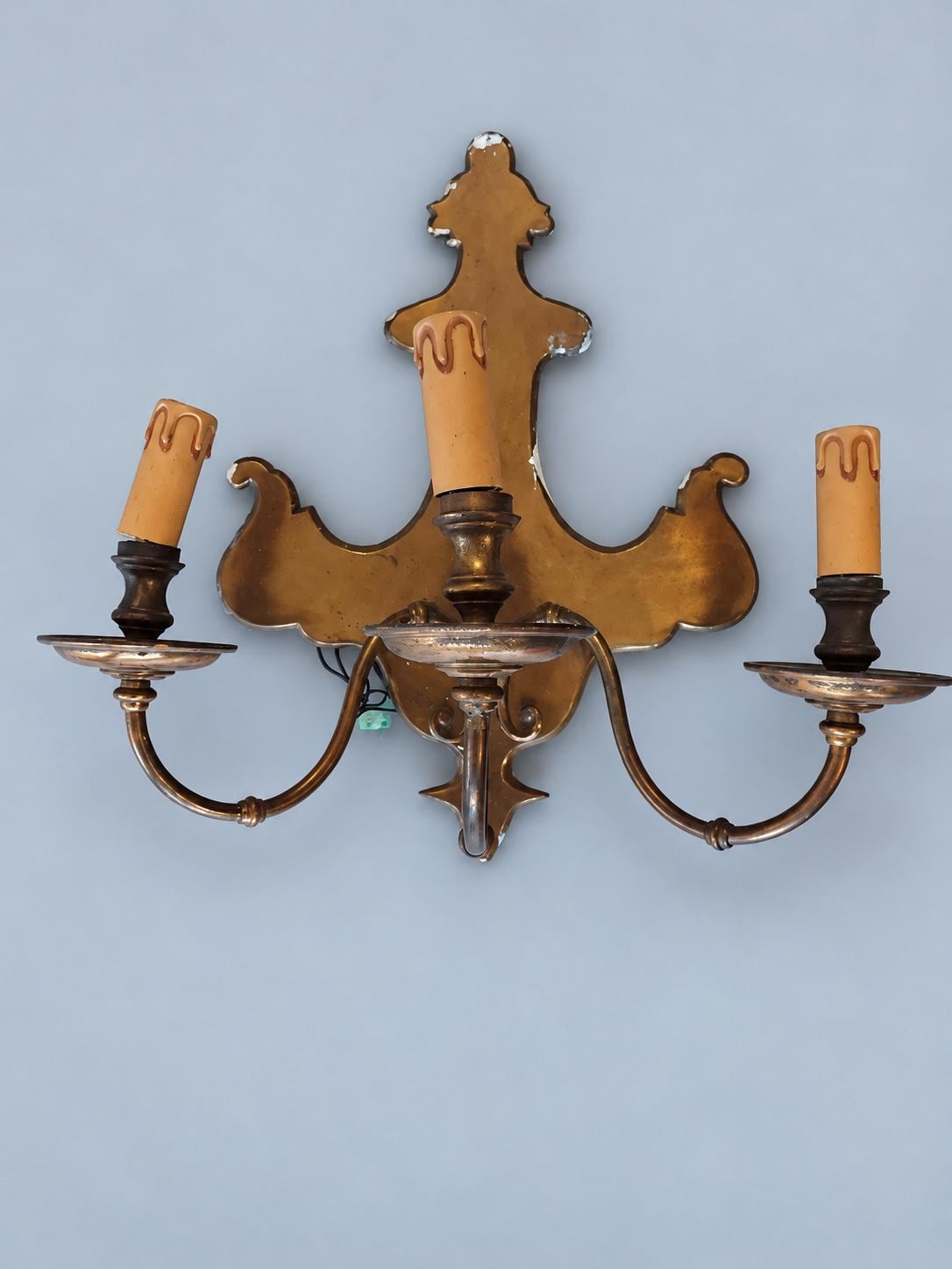 Pair of Vintage Dutch Baroque Style Three-Arm Wall Sconces, Large Shaped Brass-Tone Backplates, Candle Lights for Dining Room or Hall