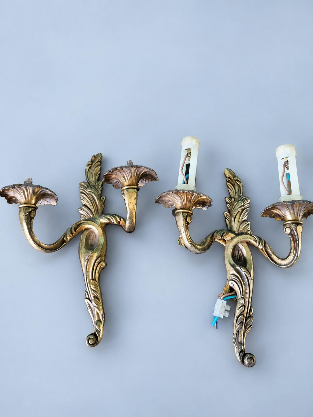 Pair of Vintage Louis XV Style Gilt Two-Arm Wall Sconces, Rococo Acanthus Leaf and Scroll Candle Lights for Entryway or Bedroom