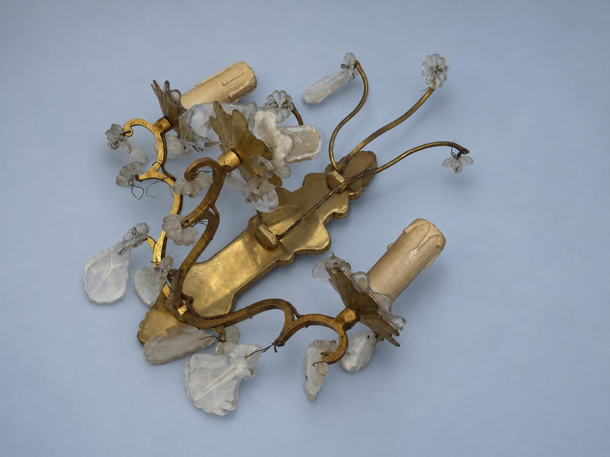 Pair of Gilt Brass Three-Arm Wall Sconces with Glass Drops, Vintage