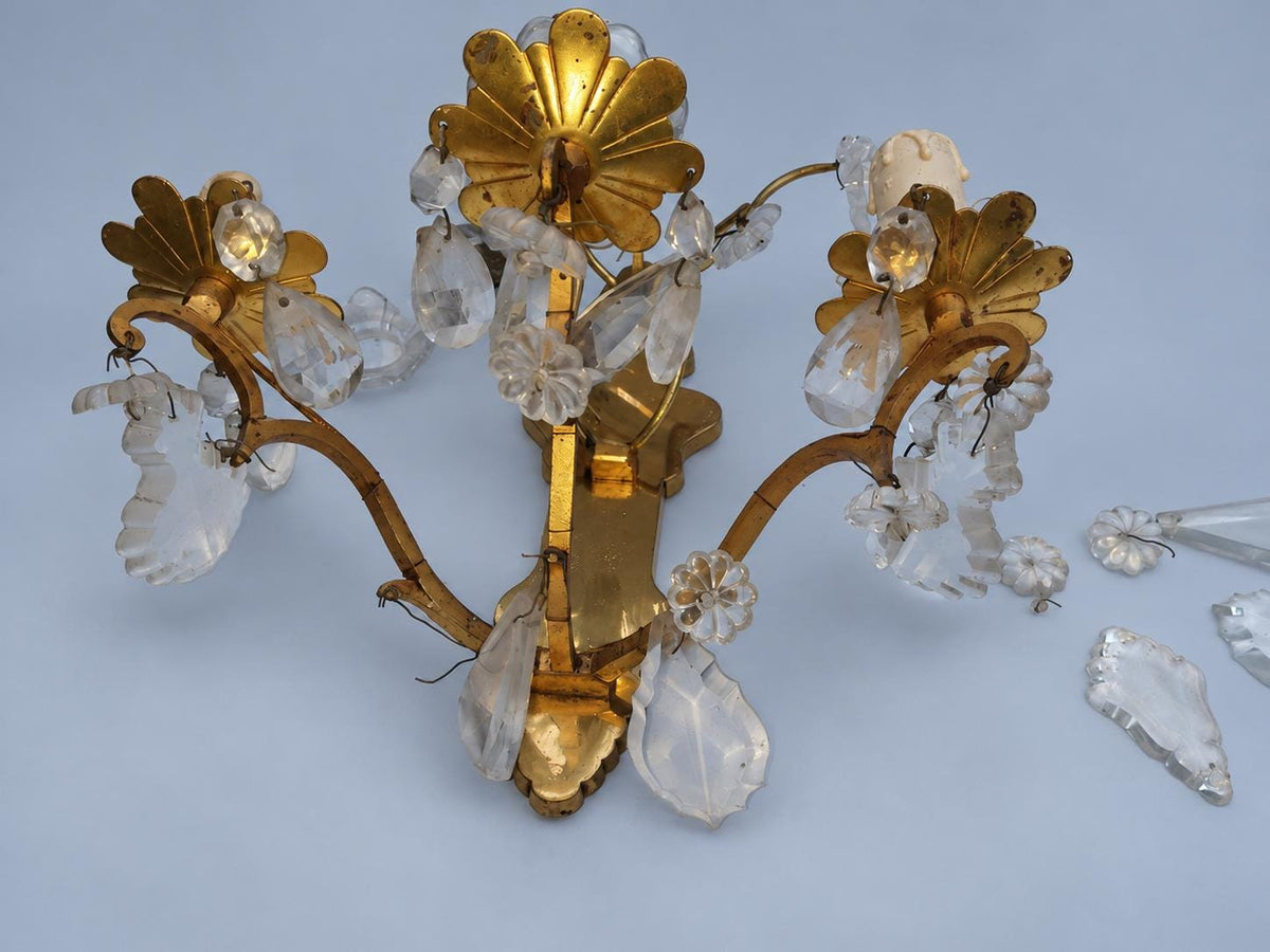 Pair of Gilt Brass Three-Arm Wall Sconces with Glass Drops, Vintage