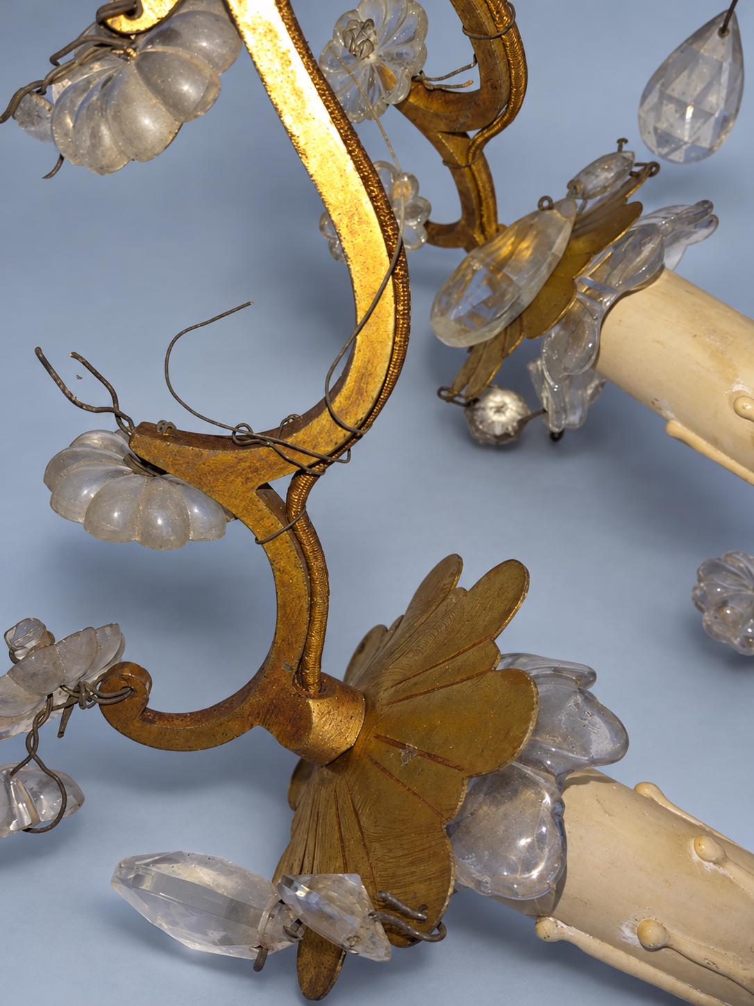 Pair of Gilt Brass Three-Arm Wall Sconces with Glass Drops, Vintage