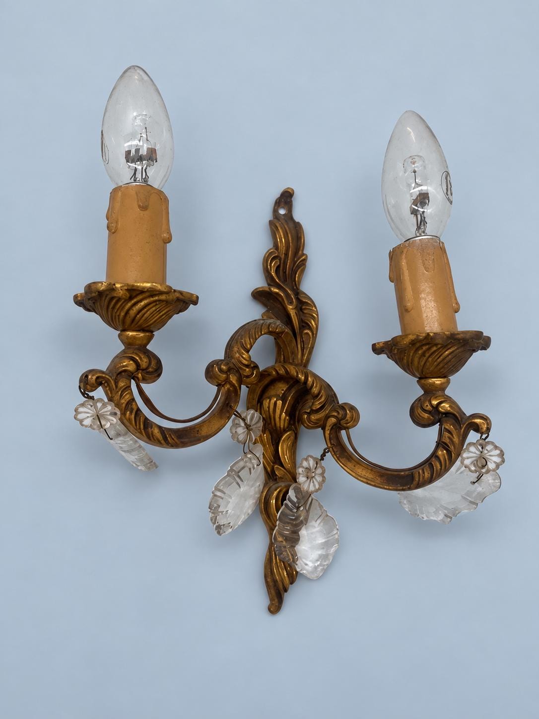 Pair of Louis XV Style Gilt Two-Arm Wall Sconces with Cut Glass Drops, Vintage