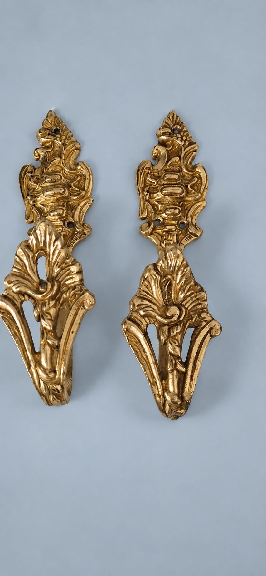 Pair of Gold-Tone Rococo Curtain Tiebacks, Ornate Cast Holdback Hooks, Vintage