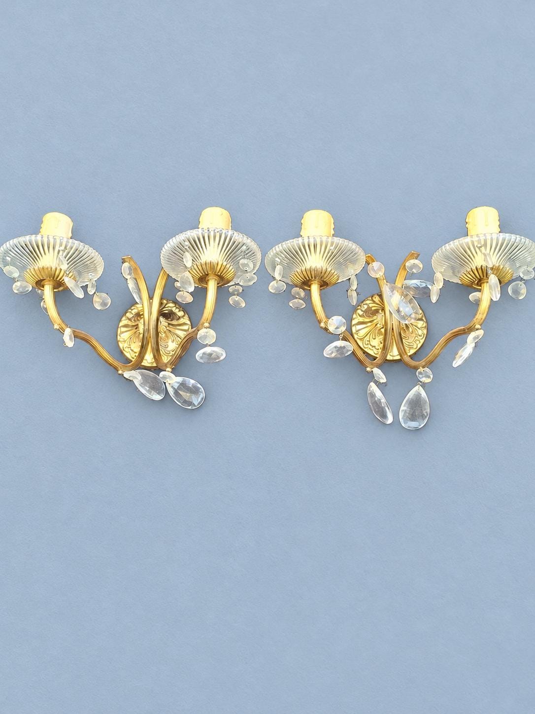 Pair of Brass Two-Arm Wall Sconces with Glass Drops and Ribbed Bobeches, Vintage