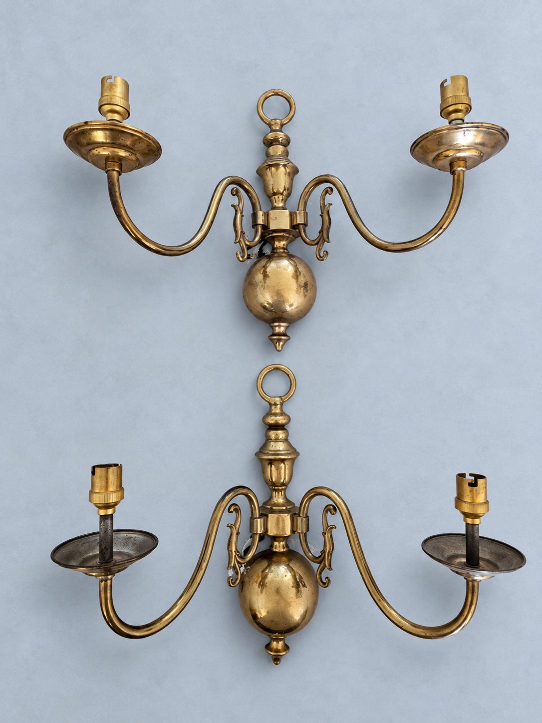 Pair of Brass-Tone Two-Arm Wall Sconces, Dutch Baroque Style, Vintage Ball Base Lights